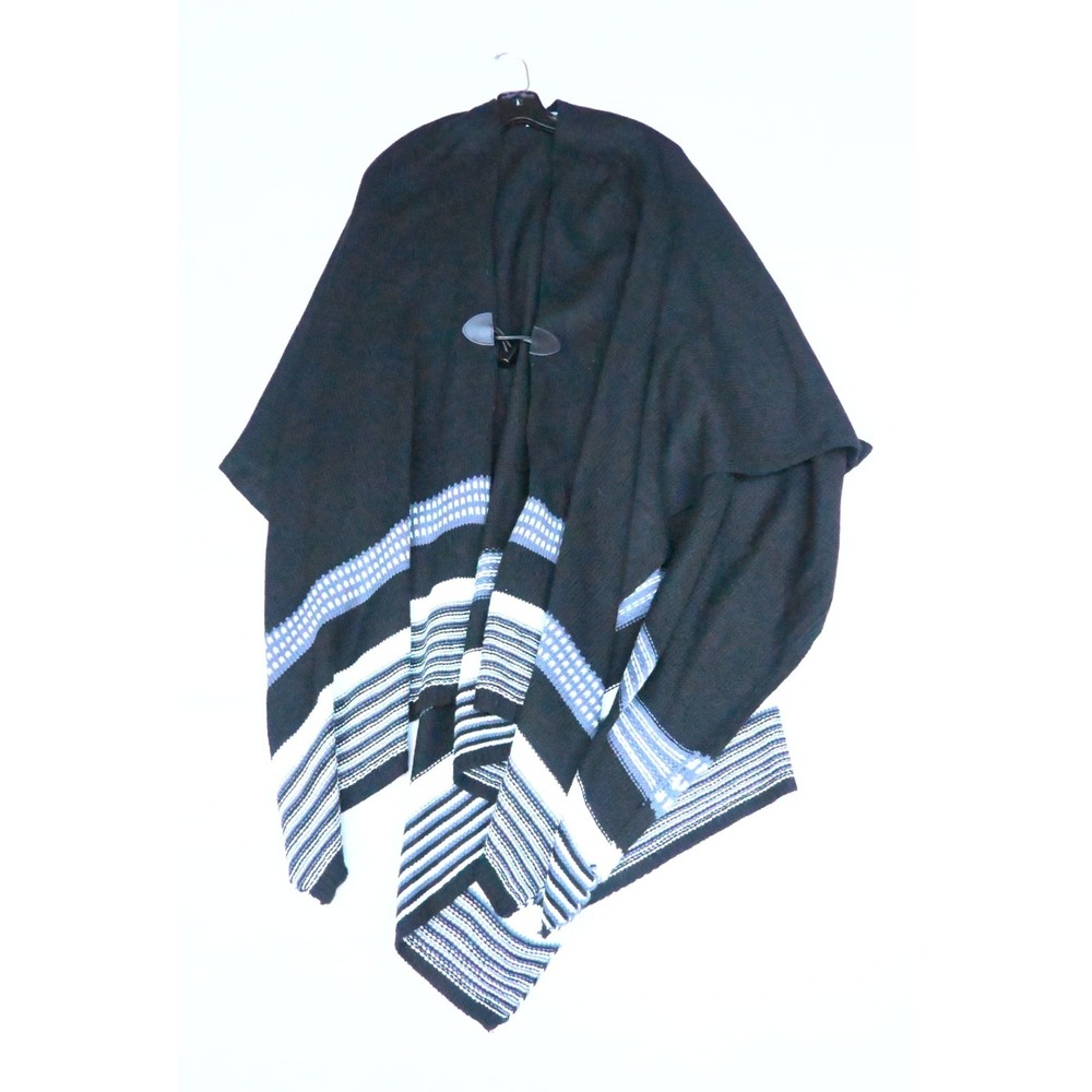 Catherines Womens Black Knit Ruana Wrap Poncho Toggle Front Striped Hem Soft
